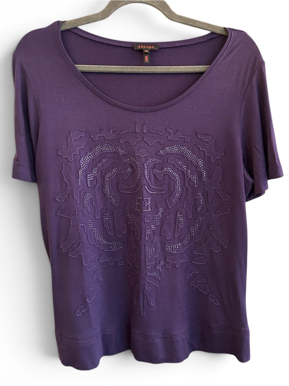 Escada Deep Purple Short-Sleeve Scoop Neck Top with Embellished Front 42